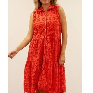 🏷️ANTHROPOLOGIE KYLA SEO Caite Palma Eyelet Midi Dress Spice Orange SMALL/MED